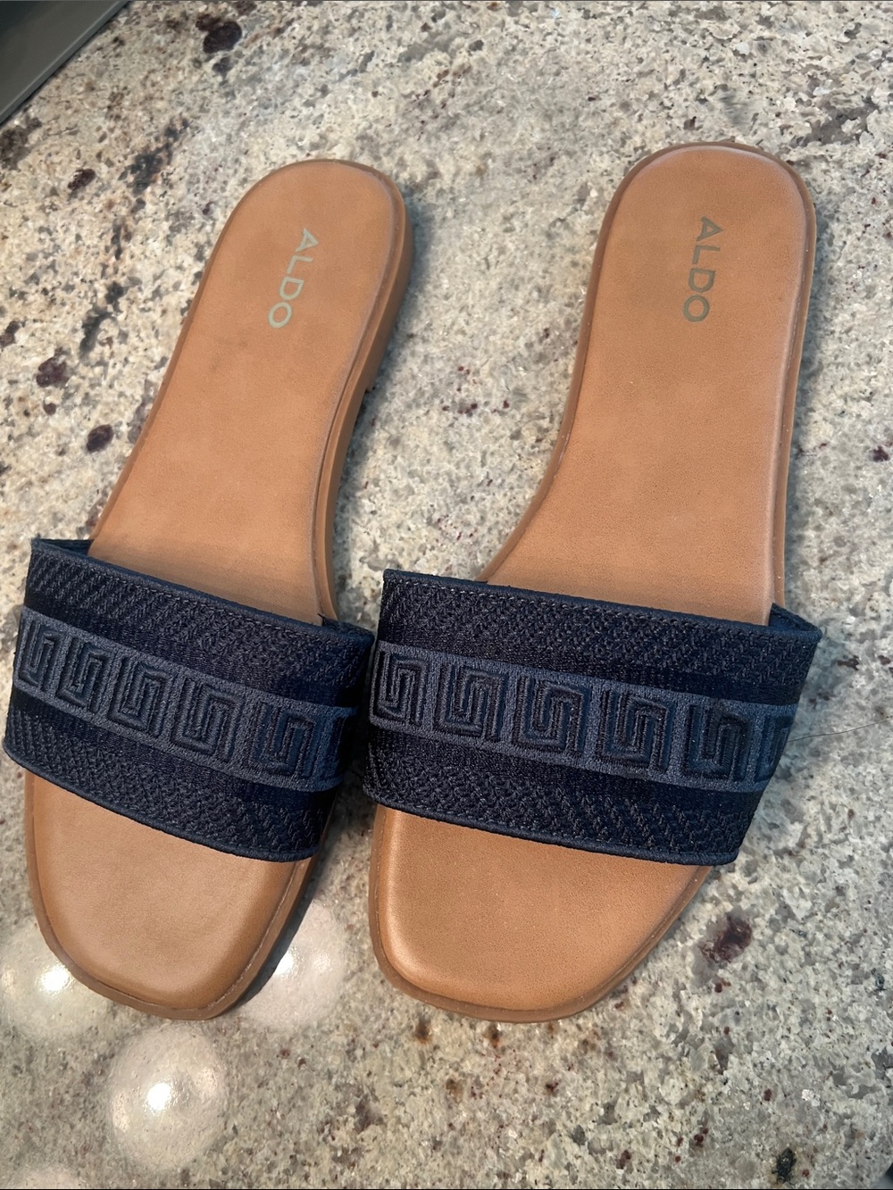 ALDO Tan Footbed Navy Strap Slide Sandals